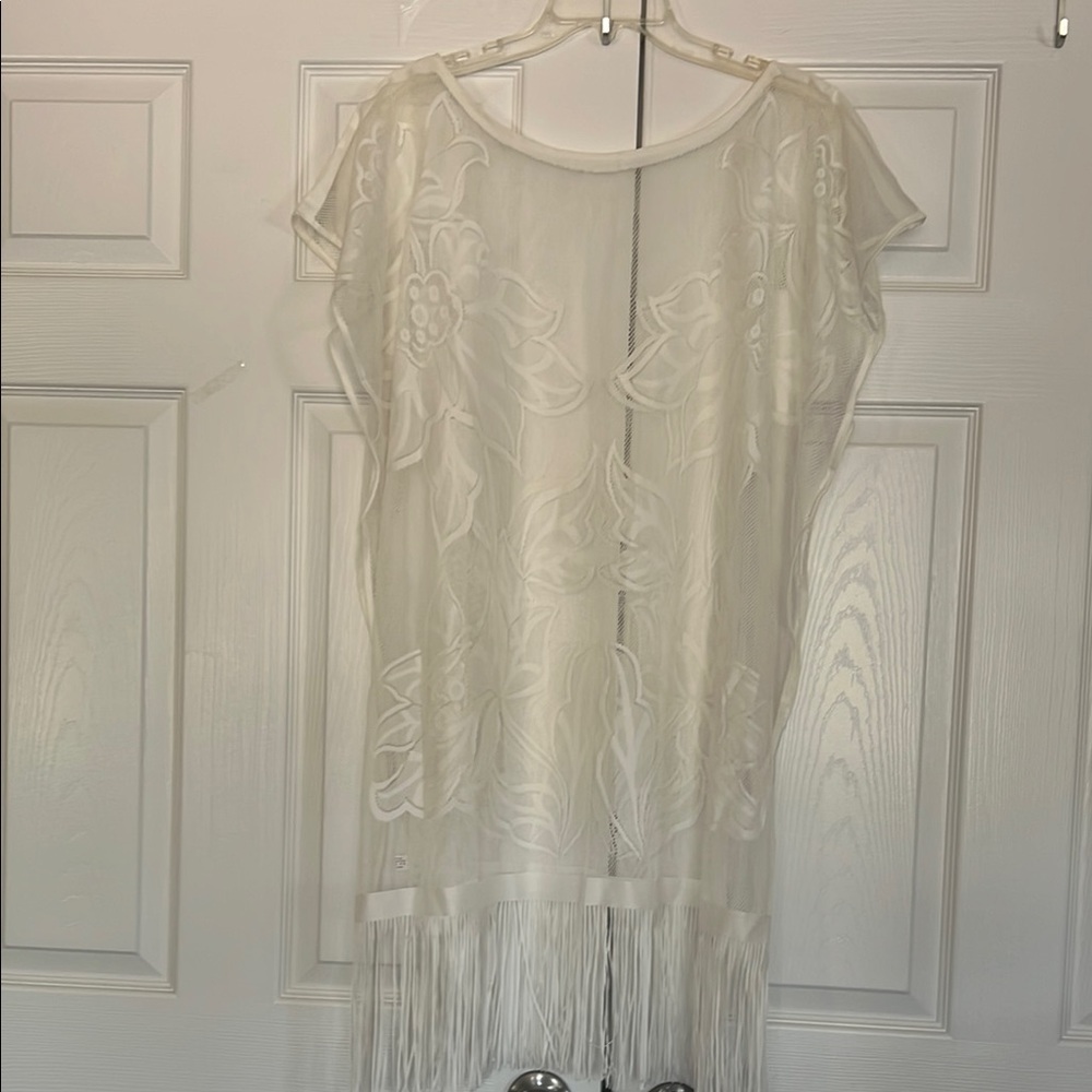 White Sheer Flutter Sleeve Swim Coverup w/ Delicate Floral design and fringe hem